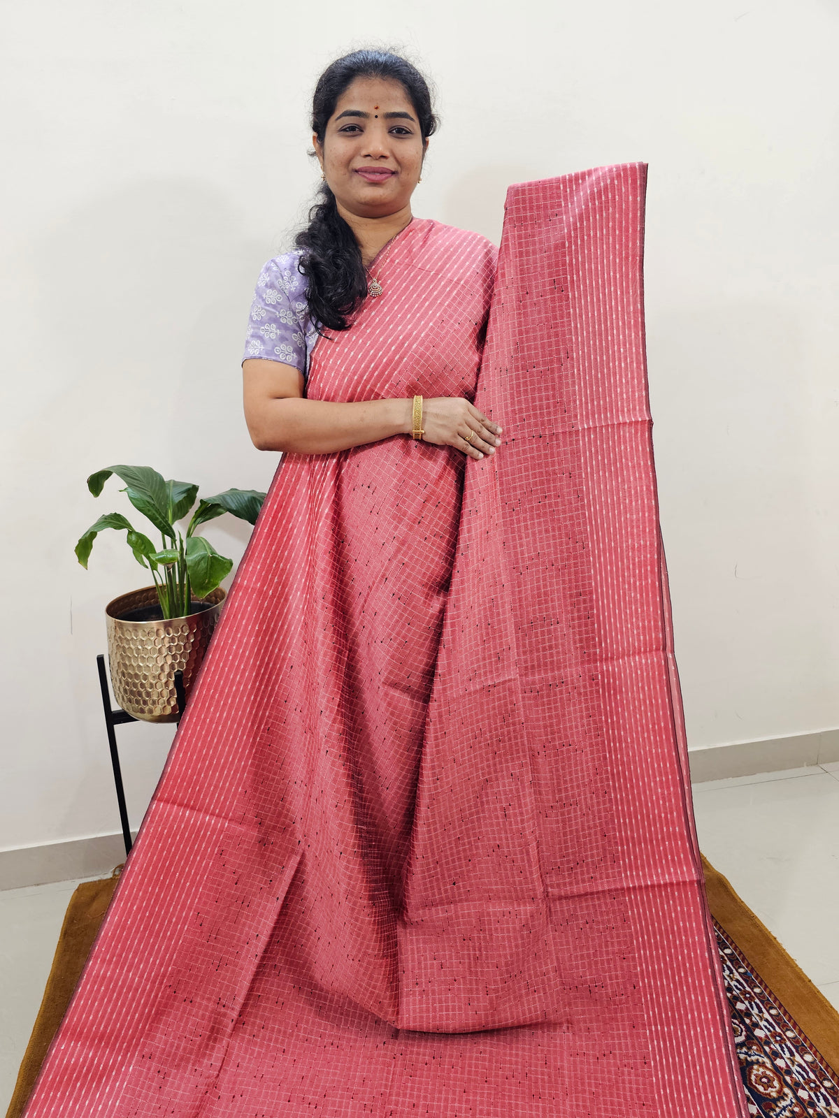 Semi Raw Silk Saree - Peach with Black