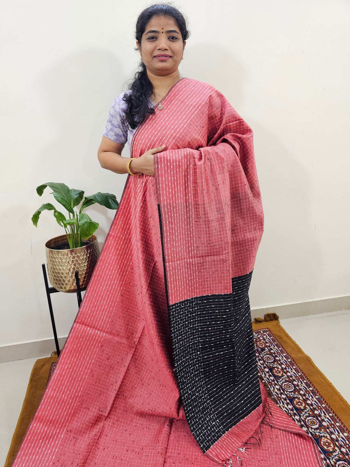 Semi Raw Silk Saree - Peach with Black