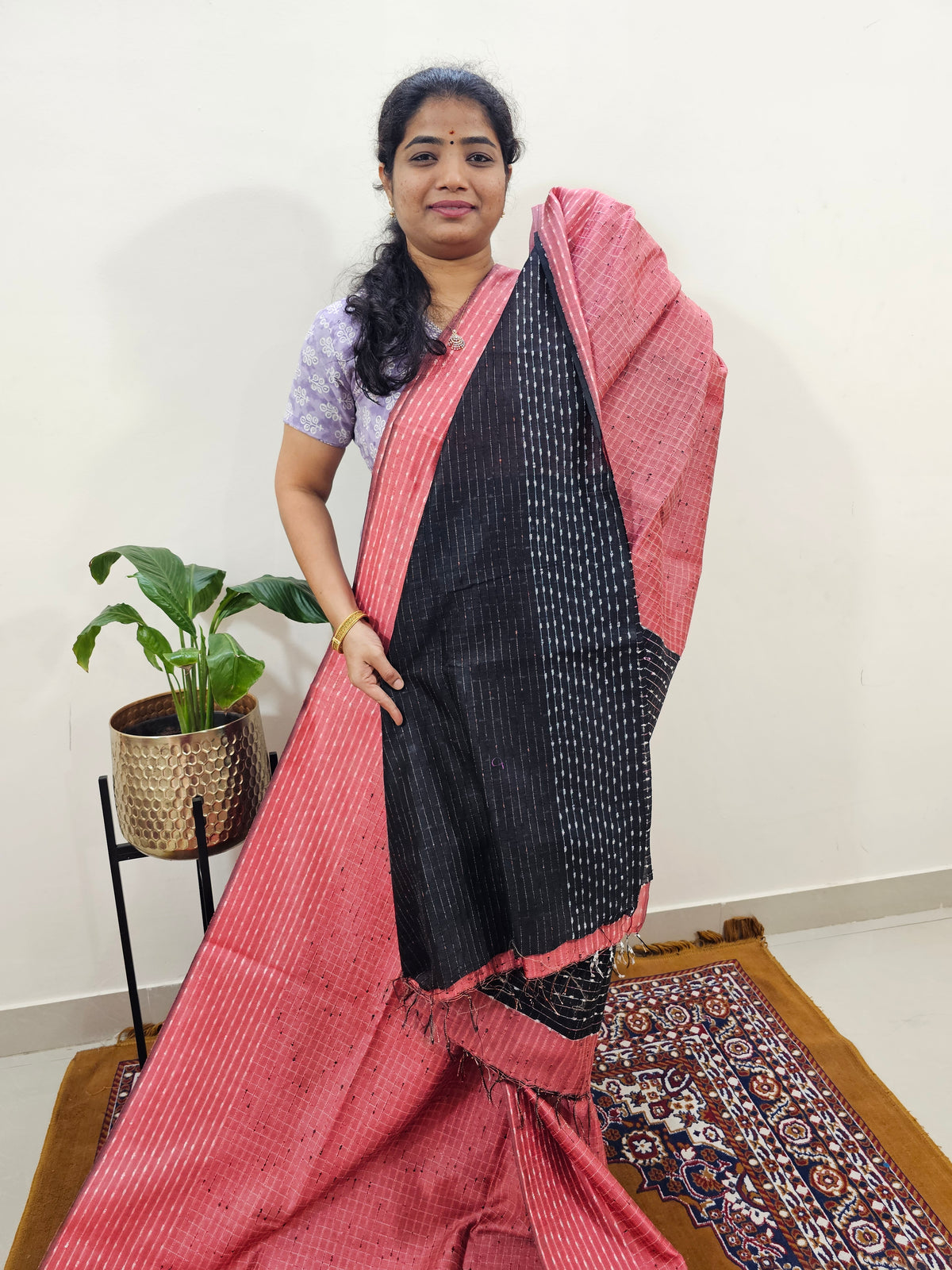 Semi Raw Silk Saree - Peach with Black