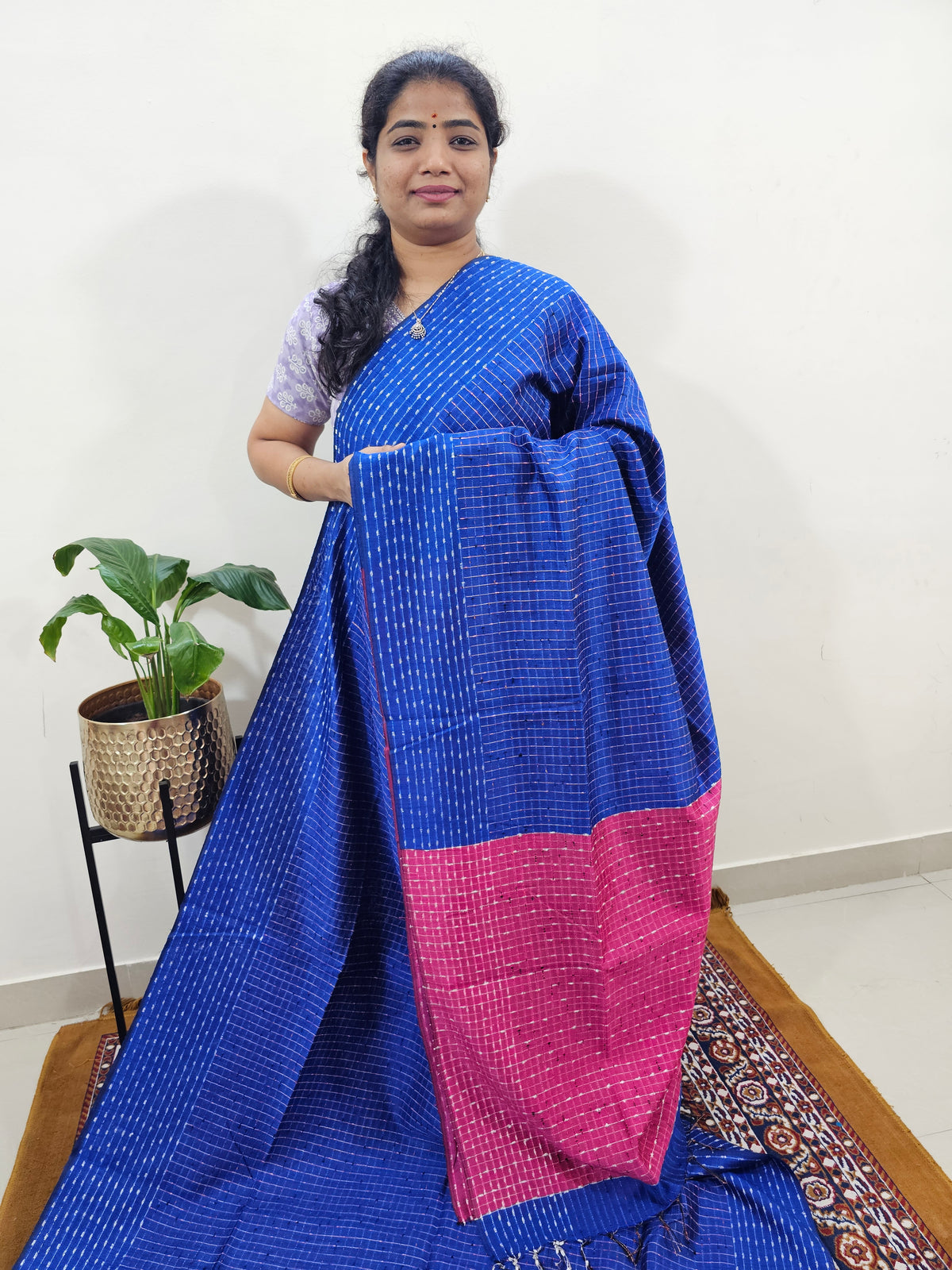 Semi Raw Silk Saree - Royal Blue with Pink