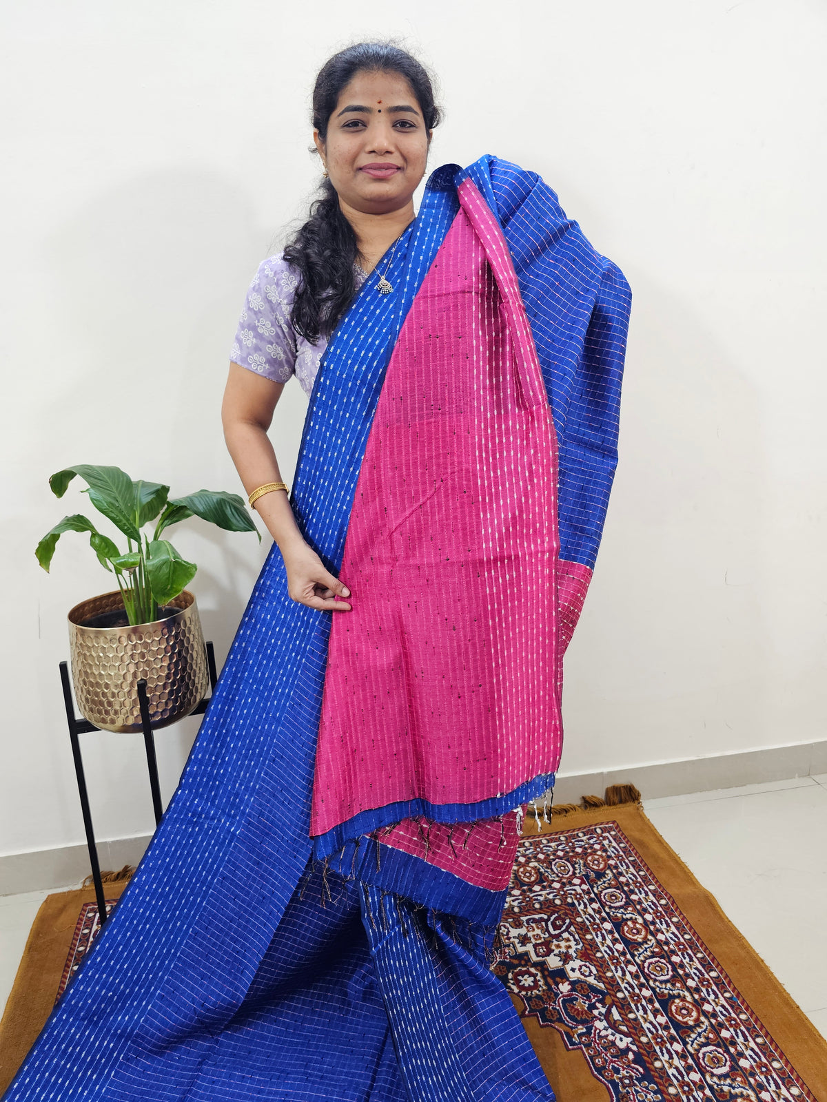 Semi Raw Silk Saree - Royal Blue with Pink