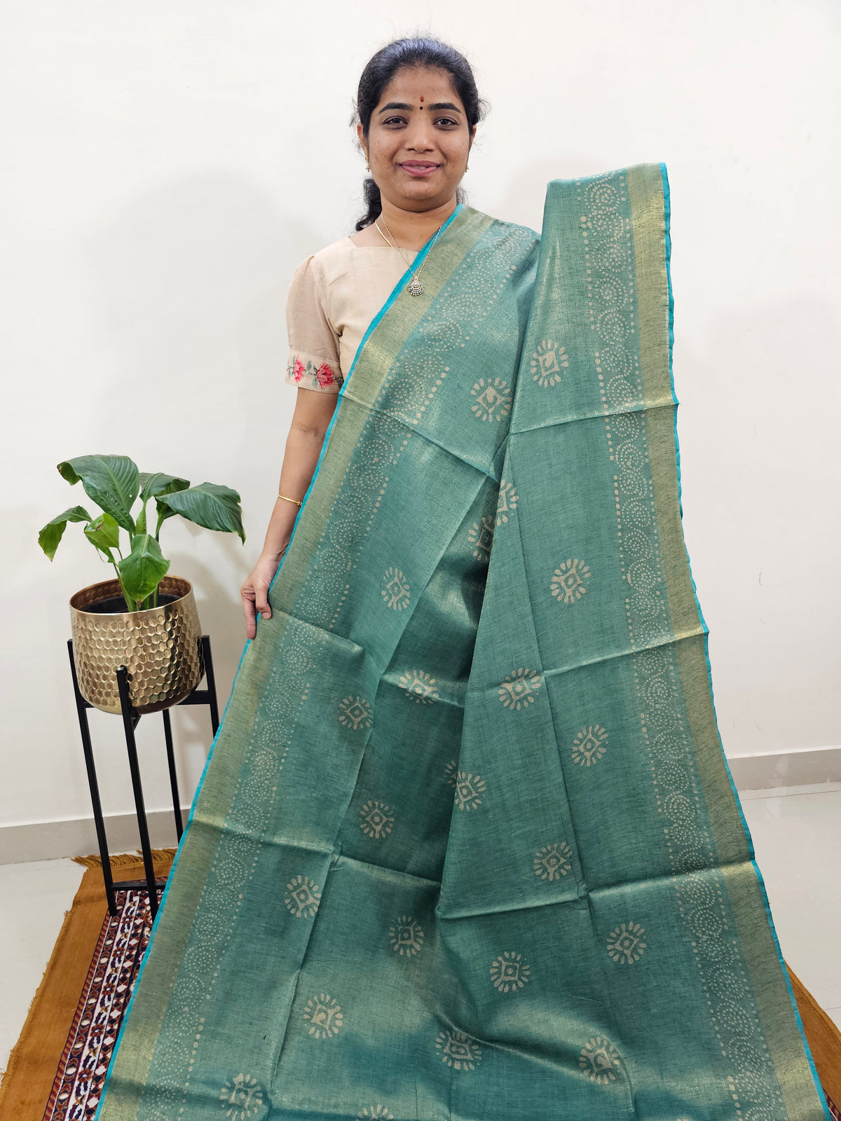 Bhagalpuri with Gold Zari Weaving Batik Print - Sea Green with Blue