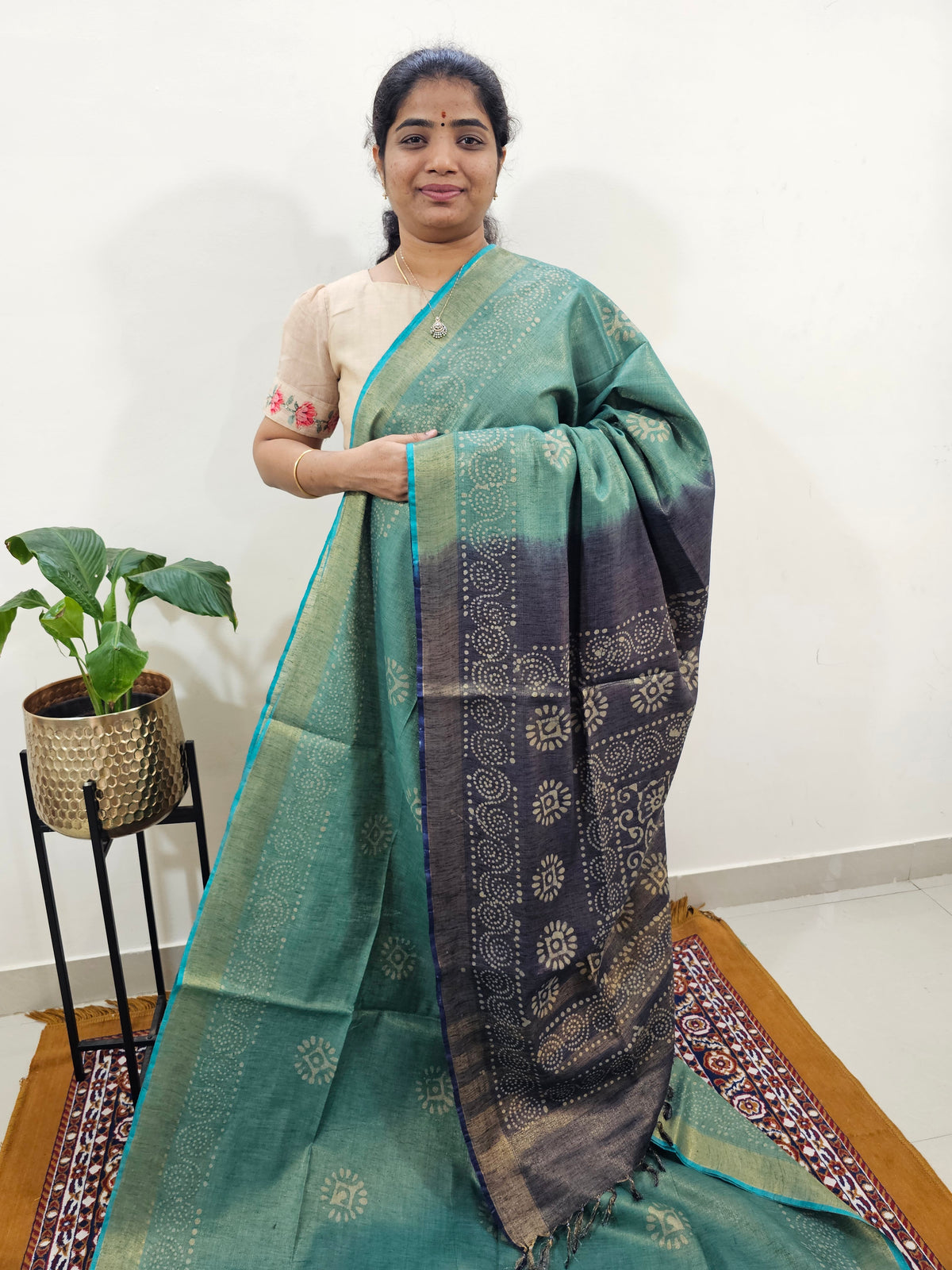 Bhagalpuri with Gold Zari Weaving Batik Print - Sea Green with Blue