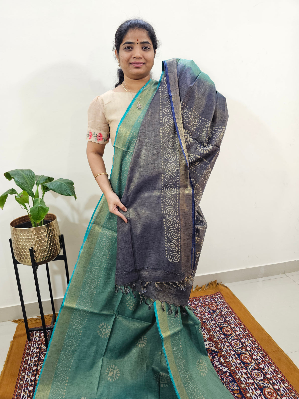 Bhagalpuri with Gold Zari Weaving Batik Print - Sea Green with Blue