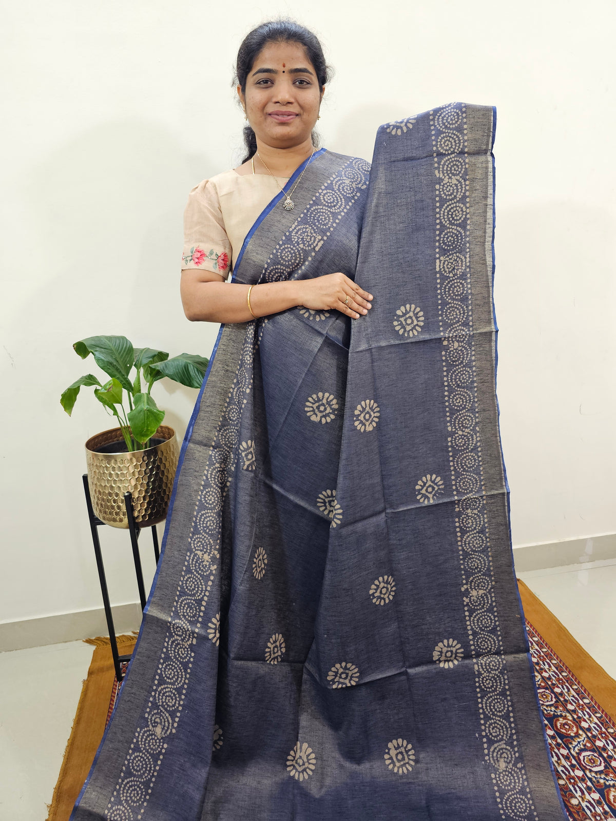 Bhagalpuri with Gold Zari Weaving Batik Print - Blue with Pink
