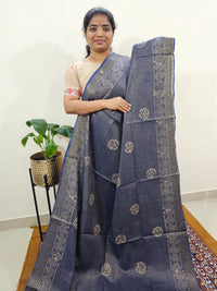 Bhagalpuri with Gold Zari Weaving Batik Print - Blue with Pink