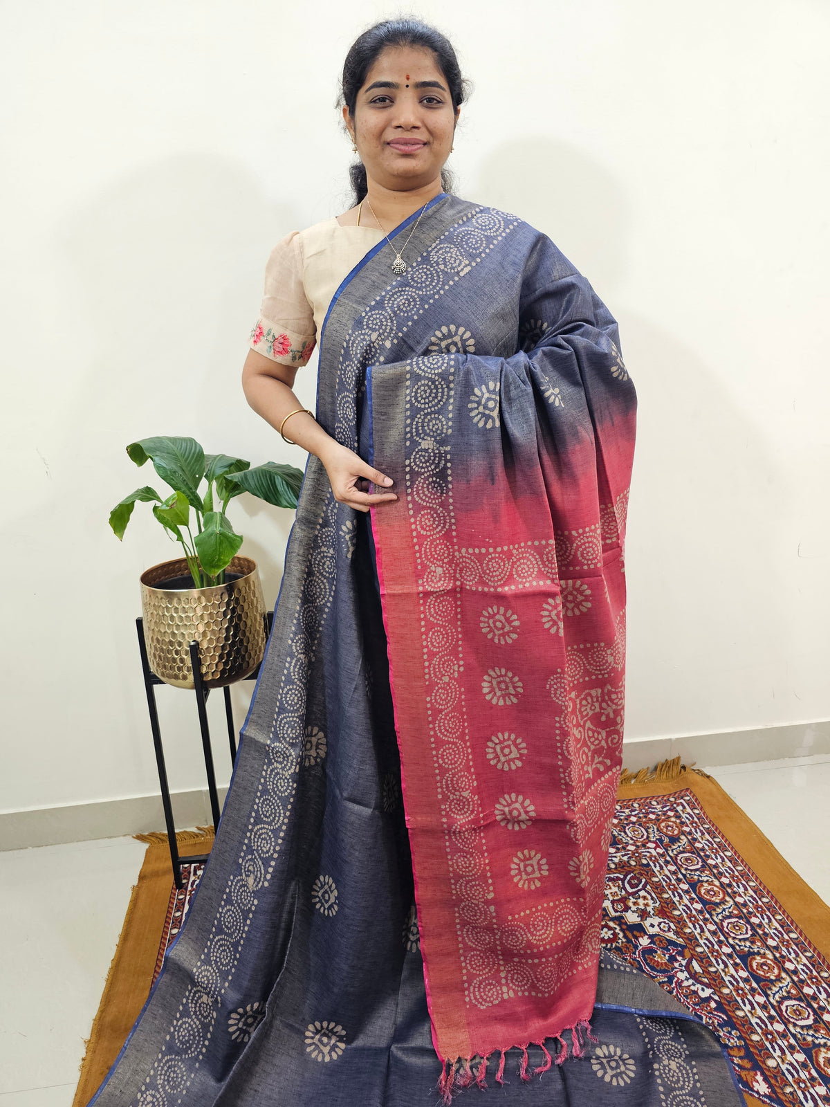 Bhagalpuri with Gold Zari Weaving Batik Print - Blue with Pink