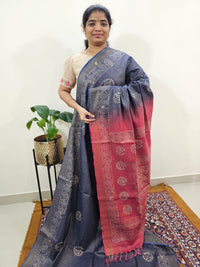 Bhagalpuri with Gold Zari Weaving Batik Print - Blue with Pink