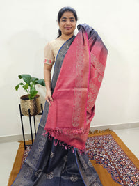 Bhagalpuri with Gold Zari Weaving Batik Print - Blue with Pink