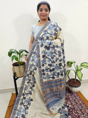 Pure Tussar Silk with Hand Paint - Off-white with Grey