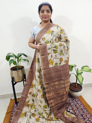 Pure Tussar Silk with Hand Paint - Off-white with Earthy Brown