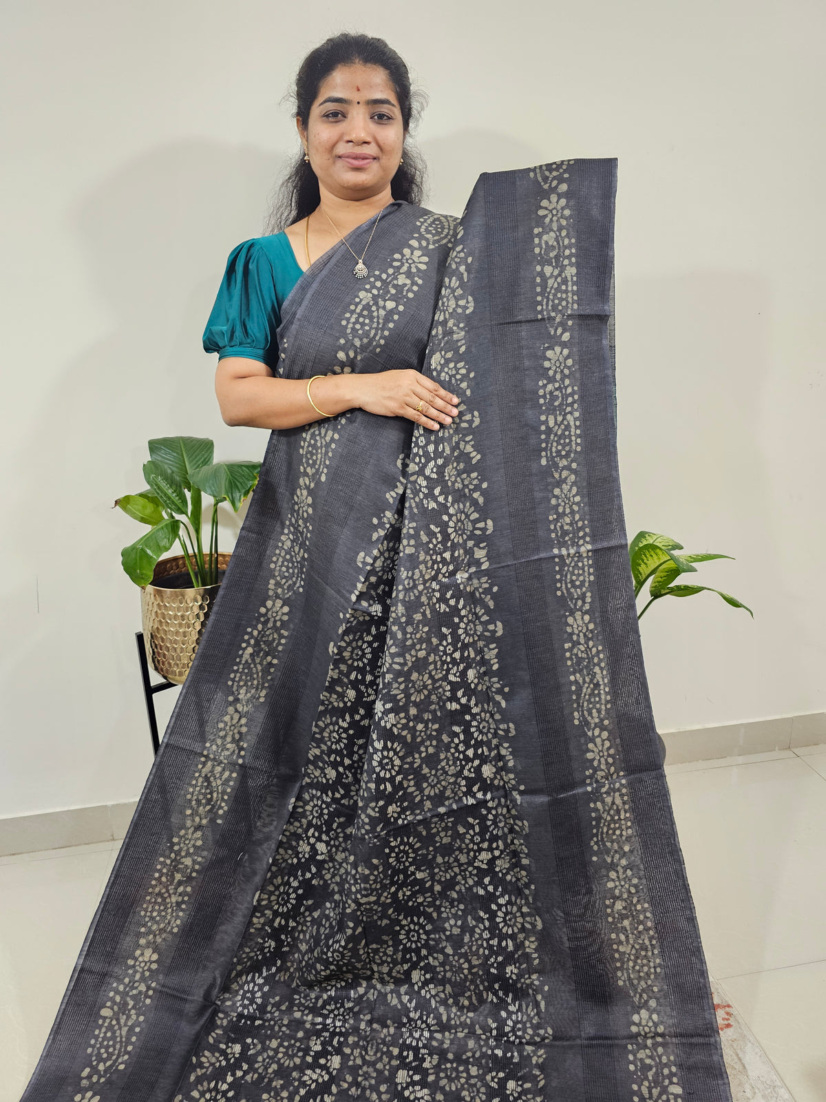 Bhagalpuri with Batik Print - Grey with Peacock Blue