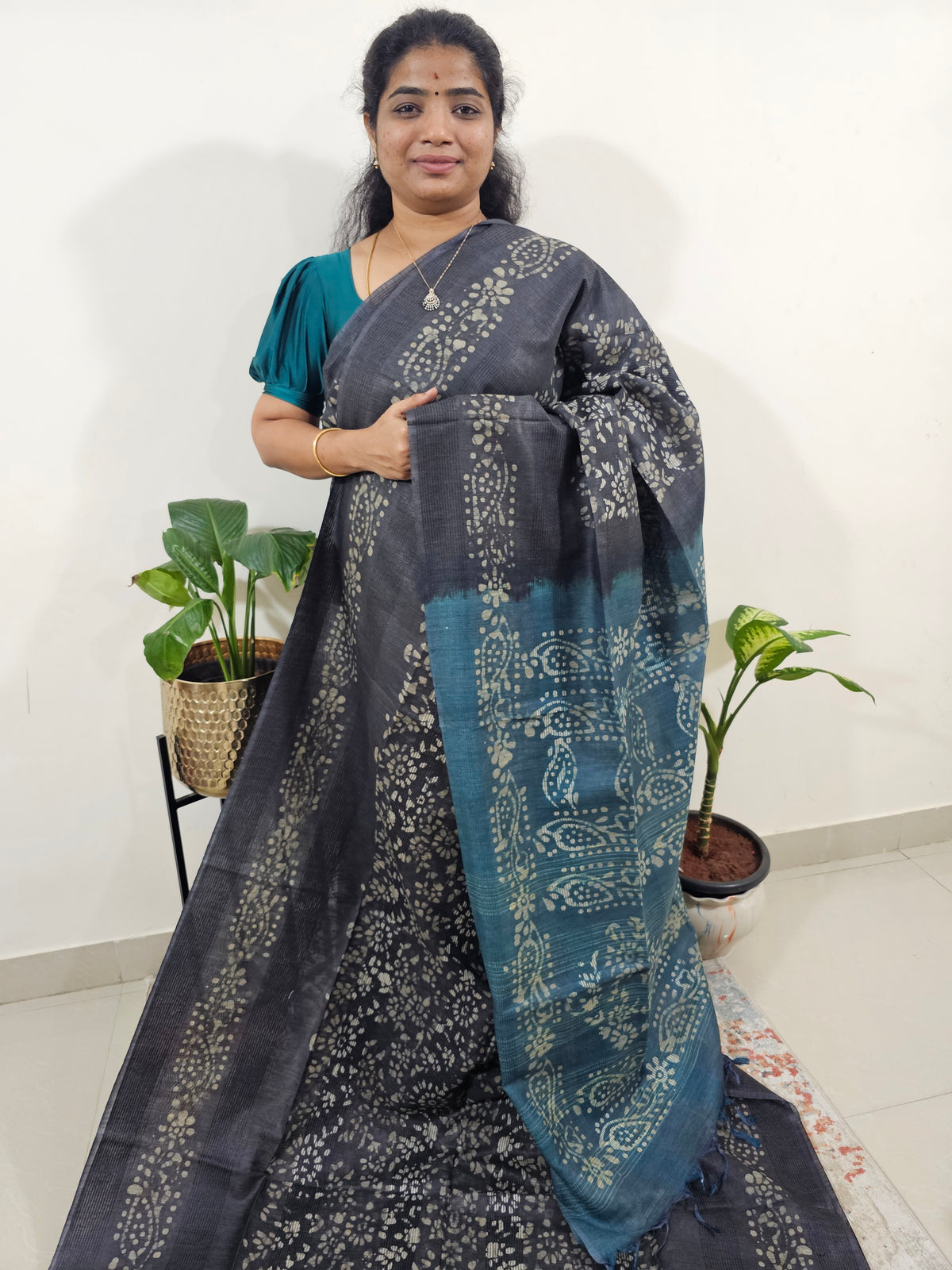 Bhagalpuri with Batik Print - Grey with Peacock Blue