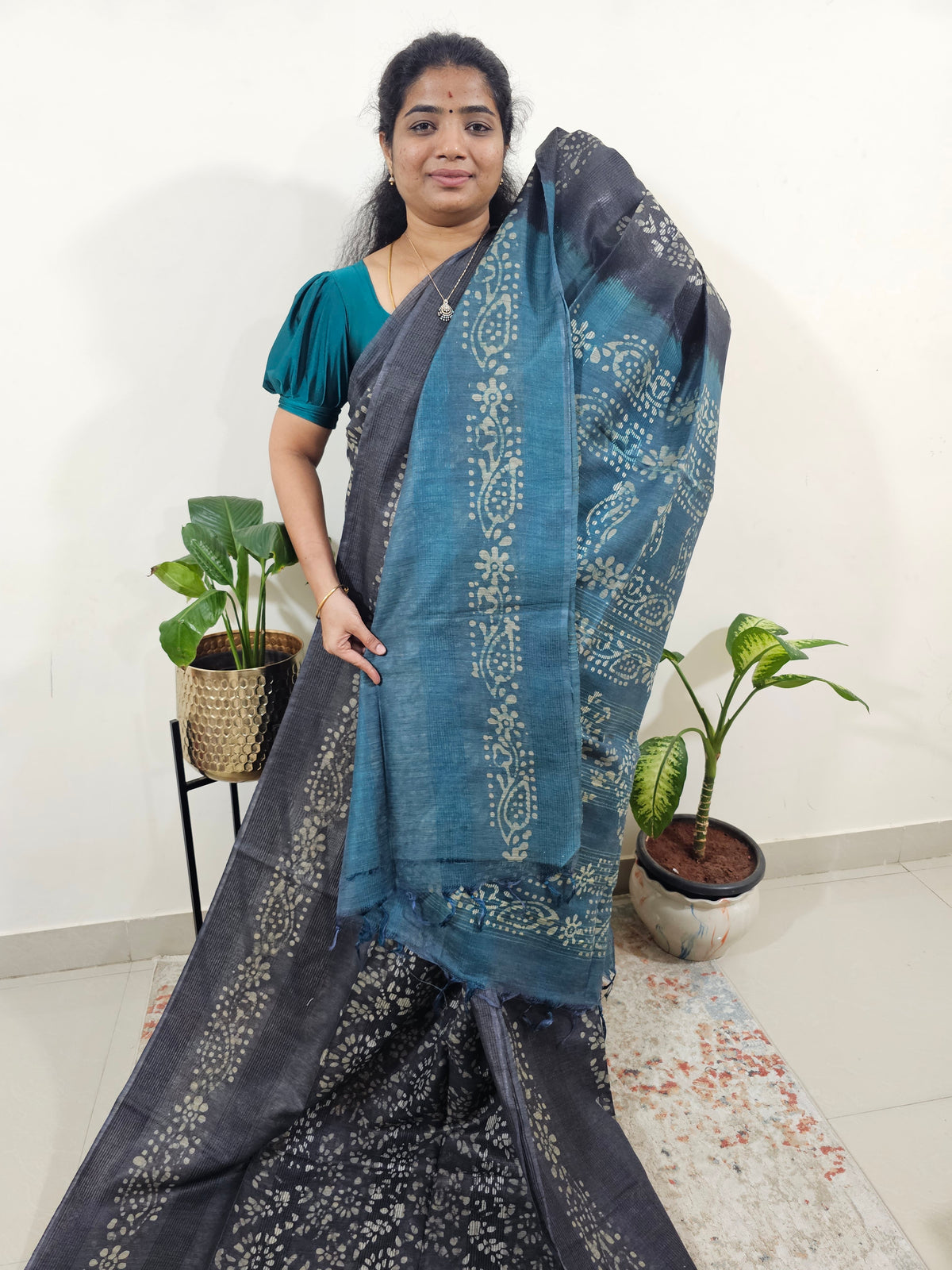 Bhagalpuri with Batik Print - Grey with Peacock Blue