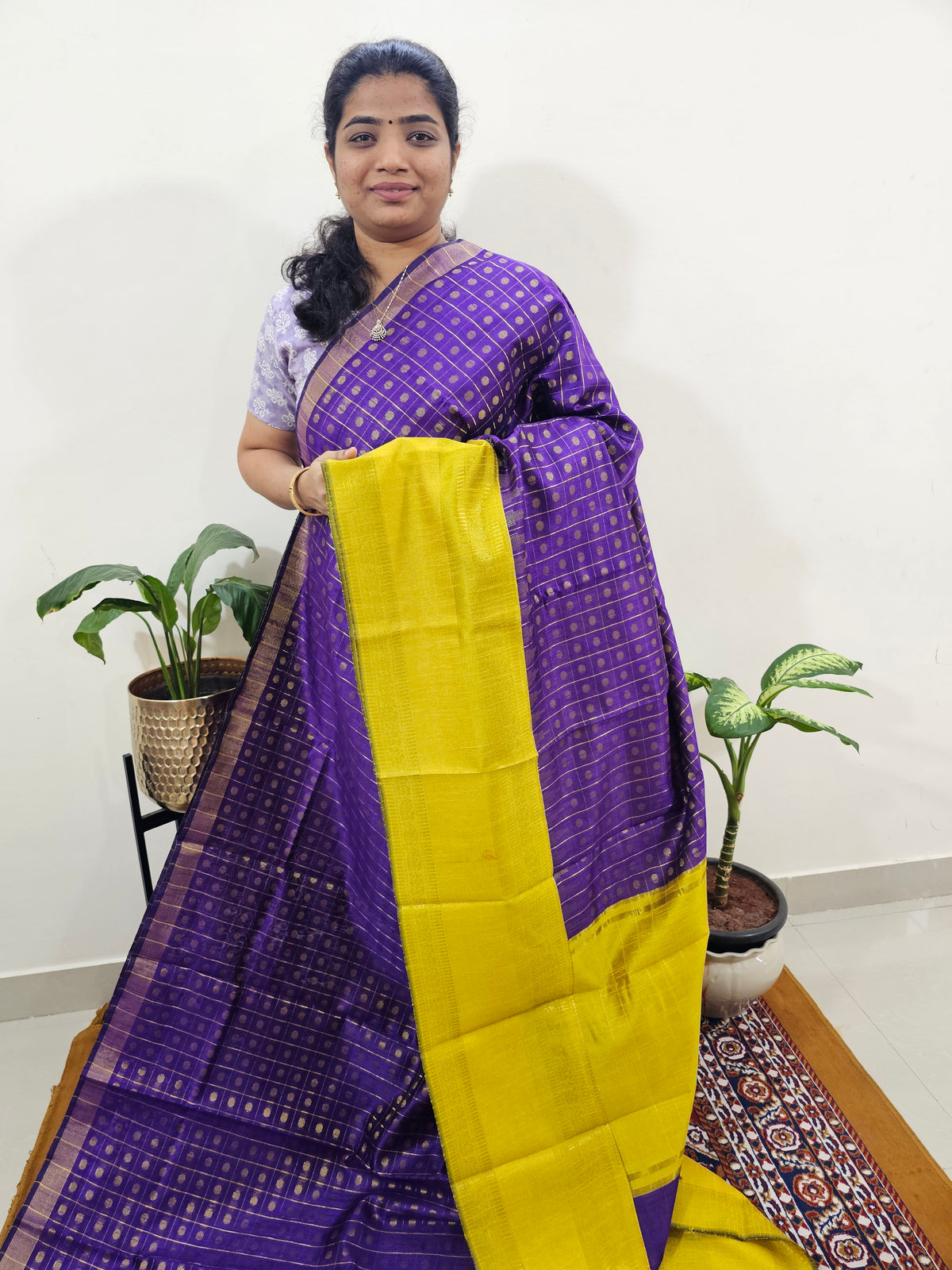 Semi Raw Silk Saree - Purple with Yellow