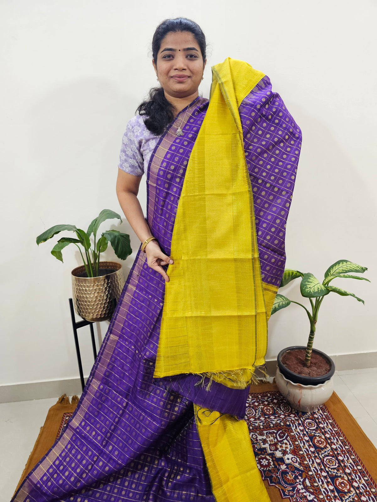 Semi Raw Silk Saree - Purple with Yellow
