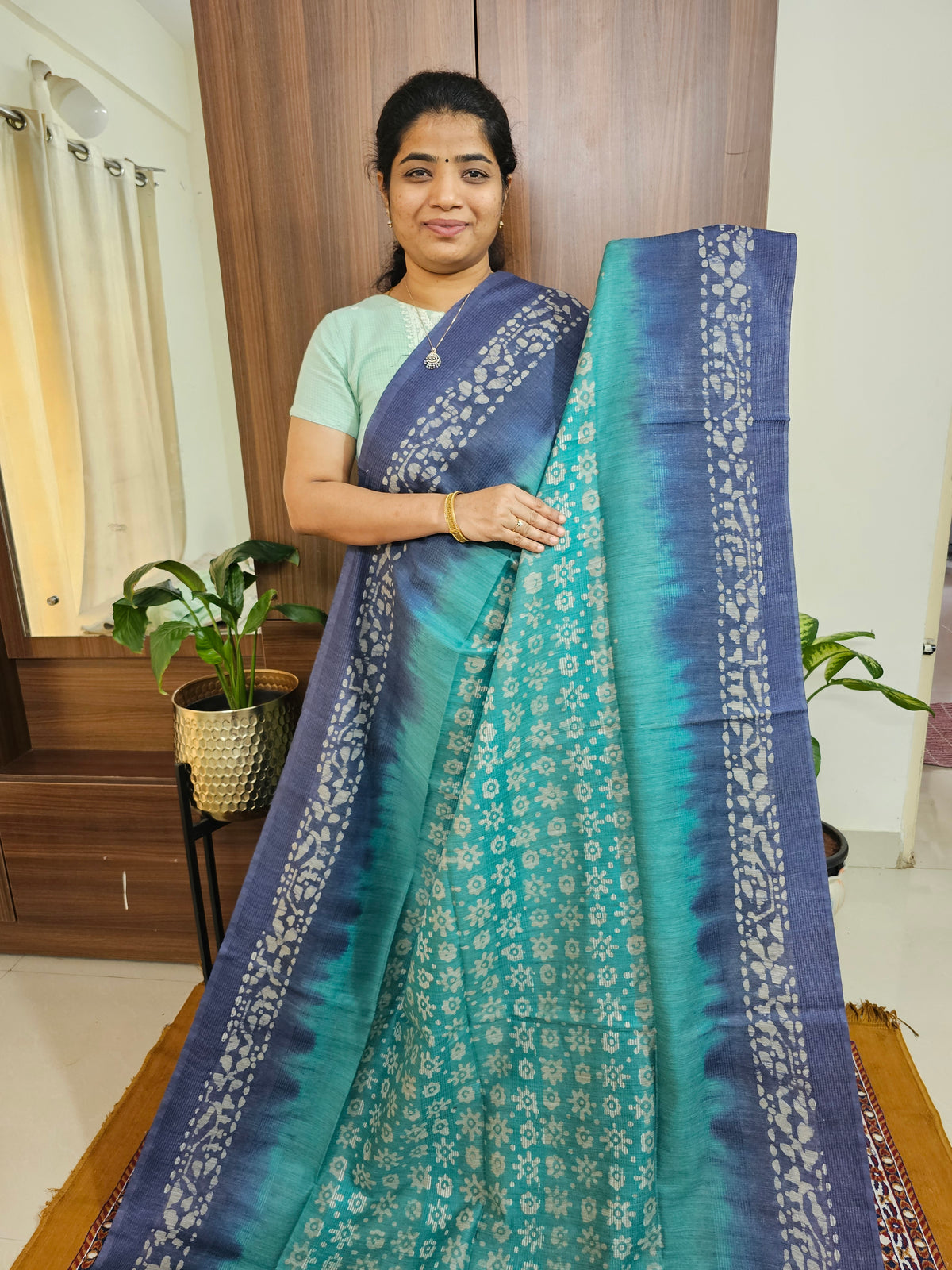 Bhagalpuri with Batik Print - Sea Green with Blue