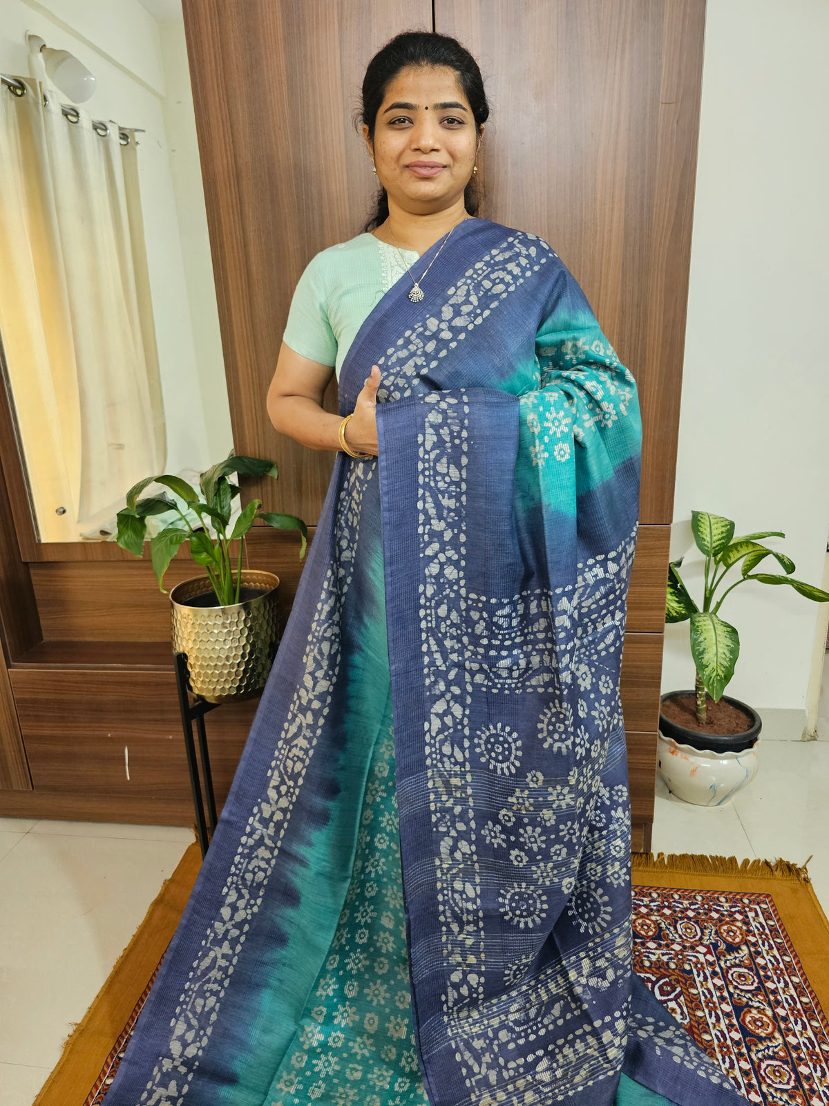 Bhagalpuri with Batik Print - Sea Green with Blue