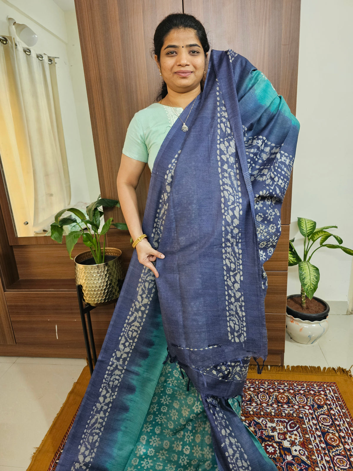 Bhagalpuri with Batik Print - Sea Green with Blue