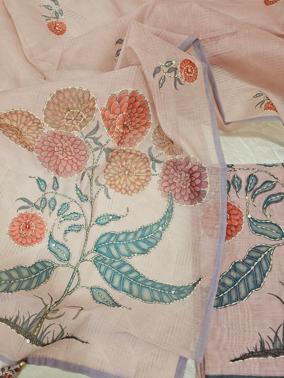 Chanderi with Katha Unstitched Salwar Suit  - Pastel Pink