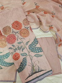 Chanderi with Katha Unstitched Salwar Suit  - Pastel Pink