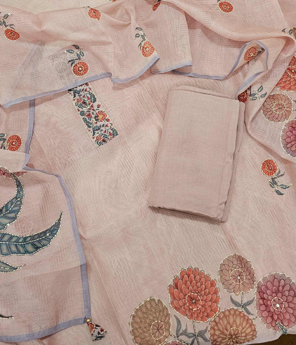 Chanderi with Katha Unstitched Salwar Suit  - Pastel Pink