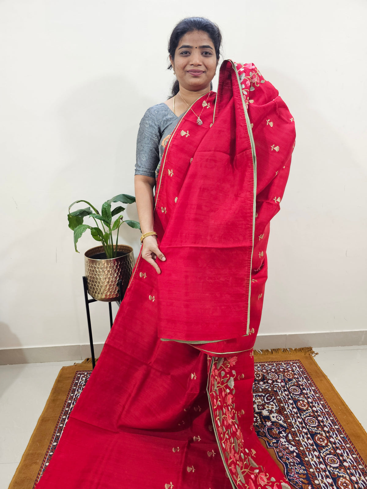Semi Tussar with Multi Thread Heavy Emboridery Saree - Red