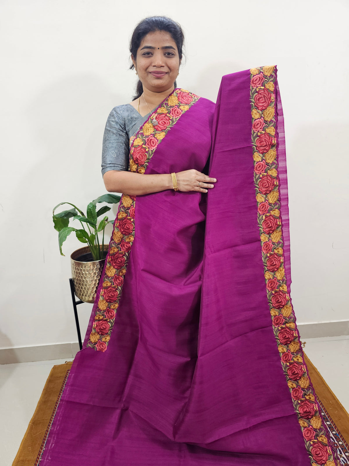Semi Tussar with Multi Thread Heavy Emboridery Saree - Magenta Pink
