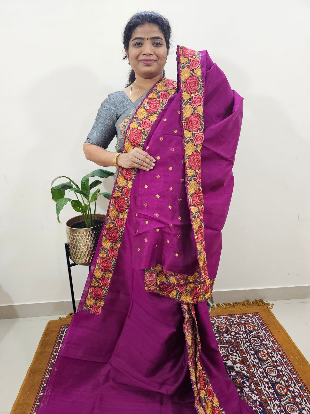 Semi Tussar with Multi Thread Heavy Emboridery Saree - Magenta Pink