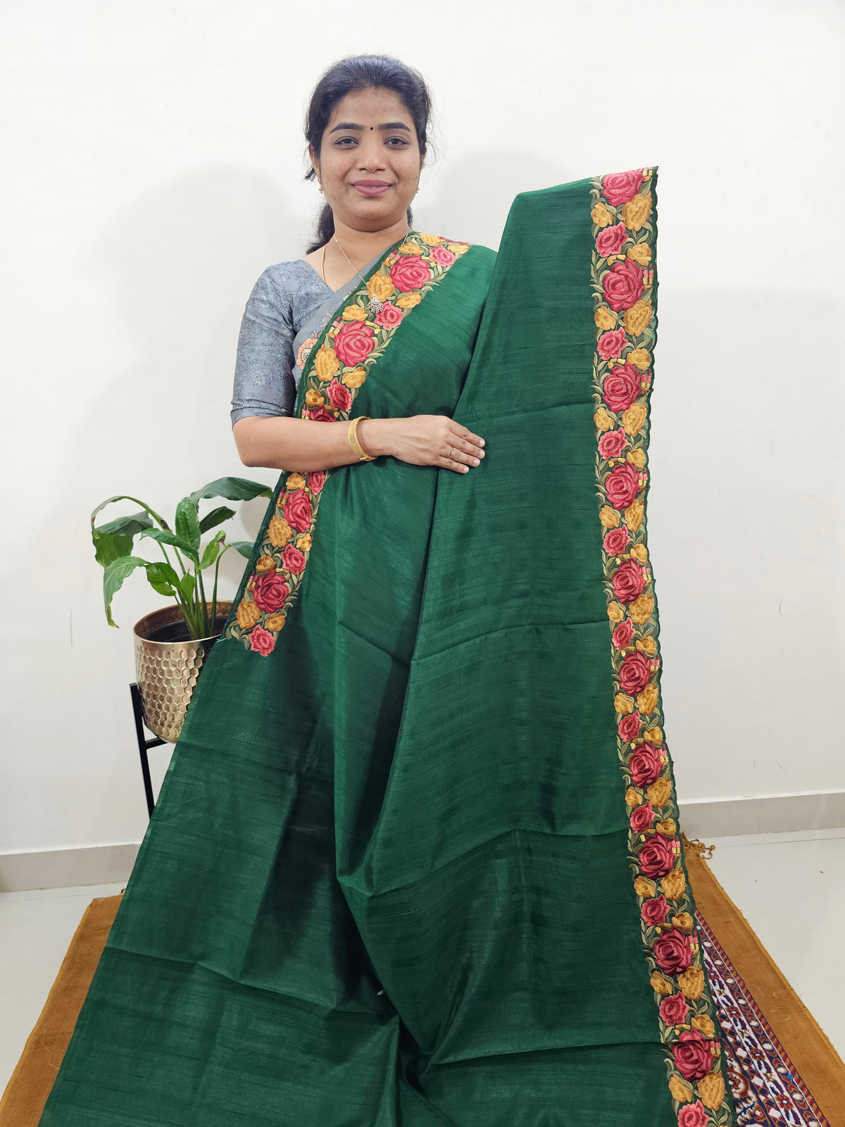 Semi Tussar with Multi Thread Heavy Emboridery Saree - Dark Green