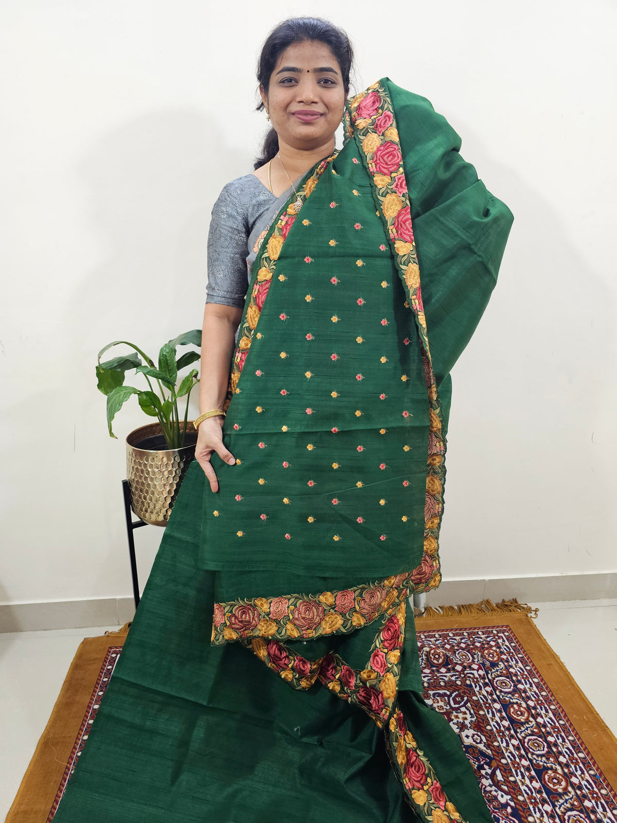 Semi Tussar with Multi Thread Heavy Emboridery Saree - Dark Green