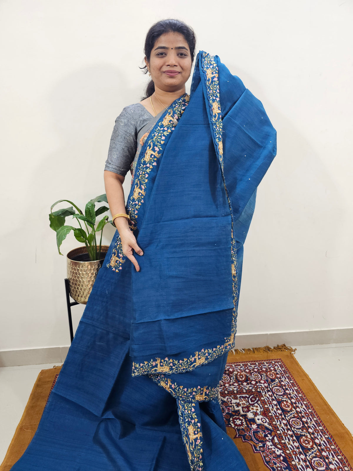 Semi Tussar with Multi Thread Heavy Emboridery Saree - Peacock Blue