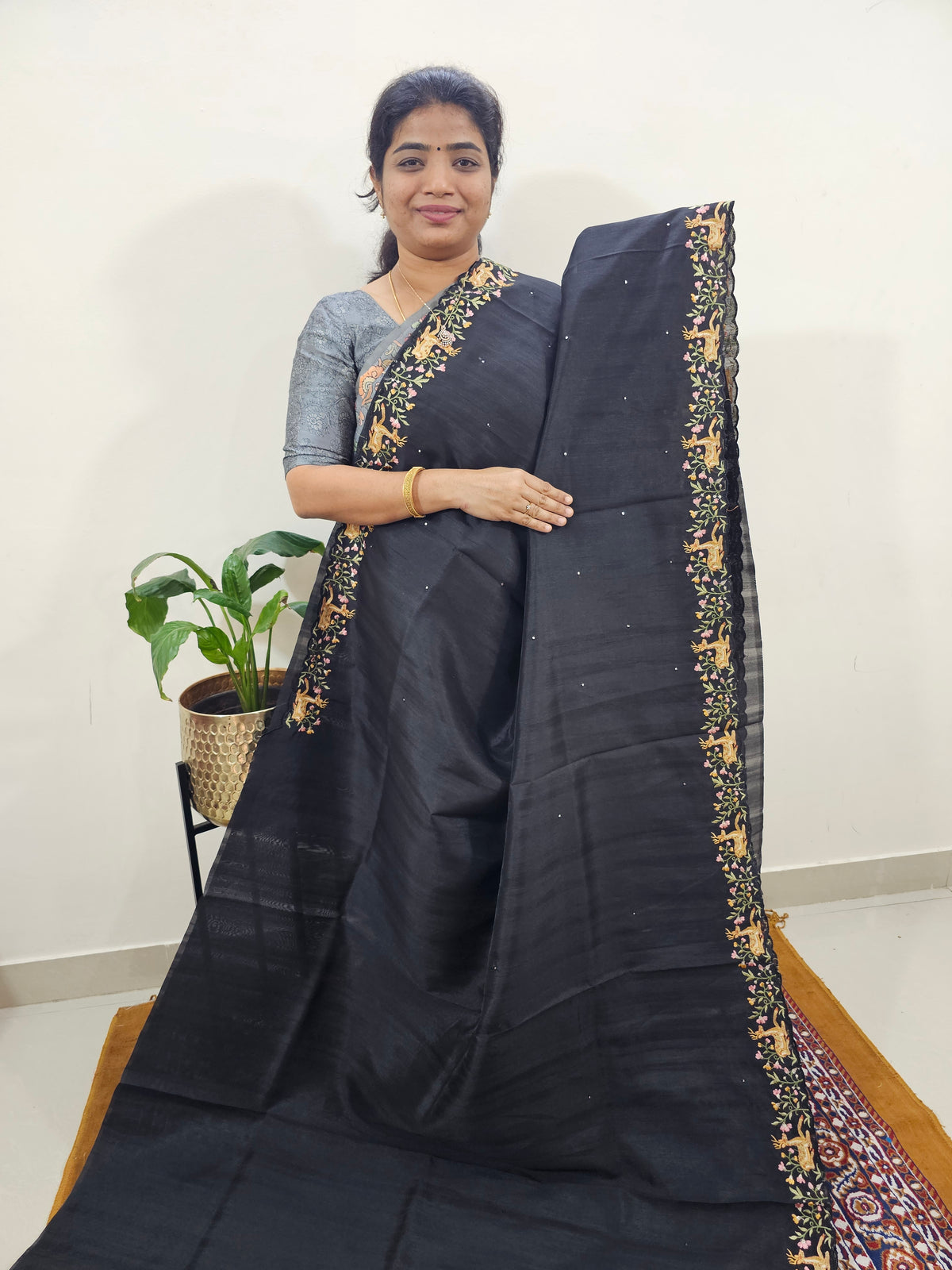 Semi Tussar with Multi Thread Heavy Emboridery Saree - Black