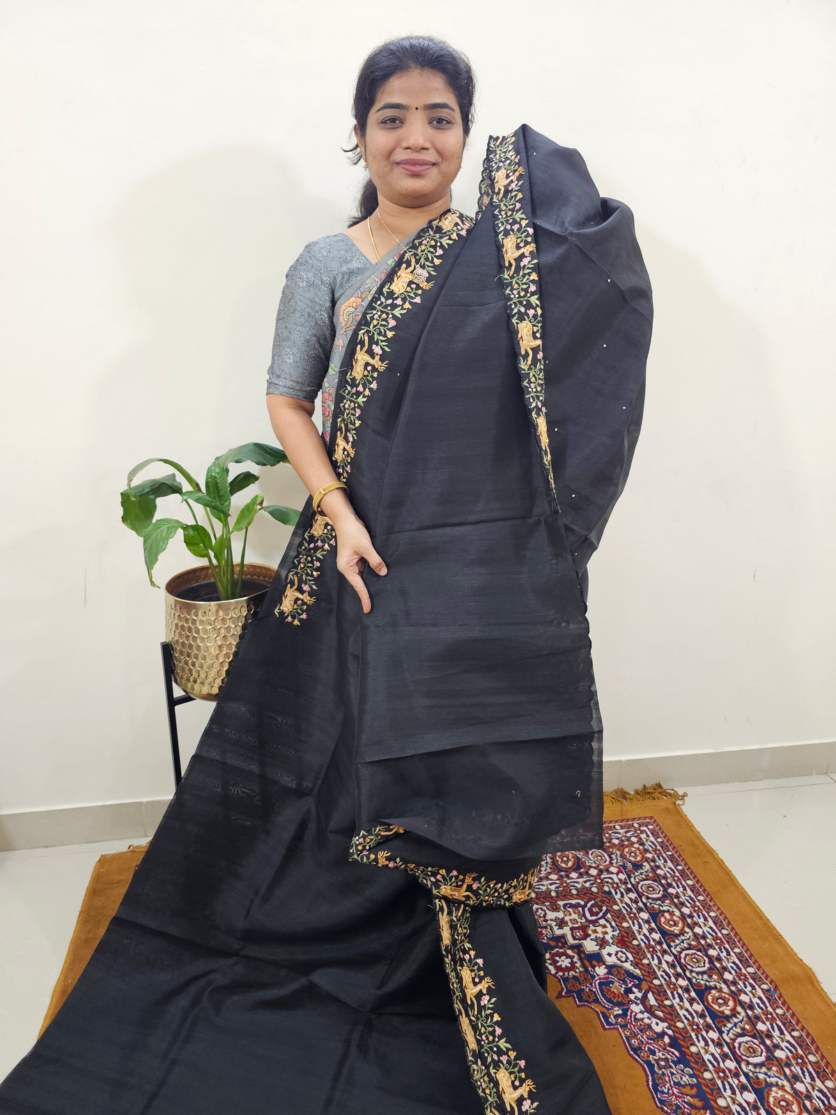 Semi Tussar with Multi Thread Heavy Emboridery Saree - Black