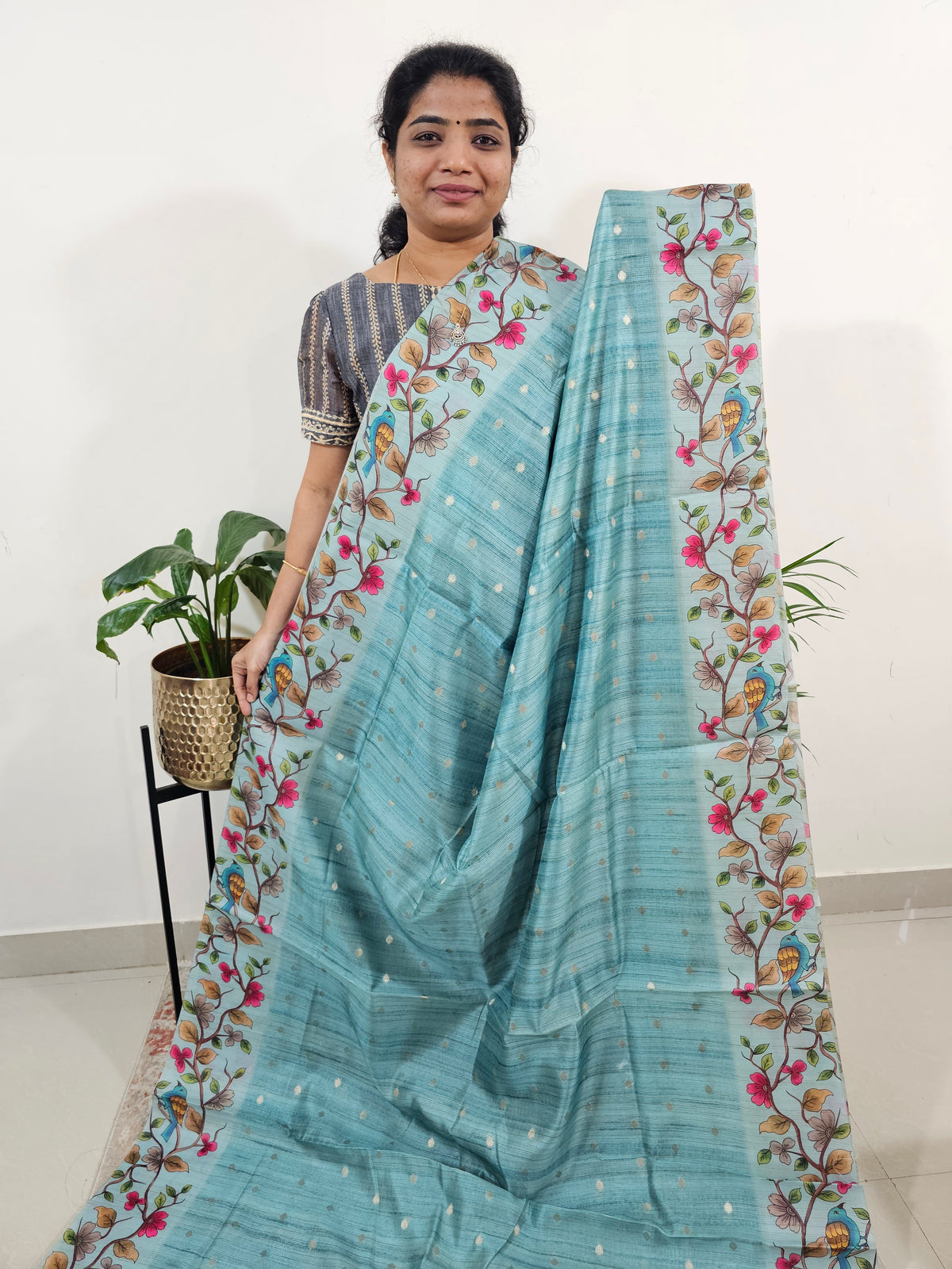 Soft Semi Tussar Weaving Butti with Satin Border - Blue