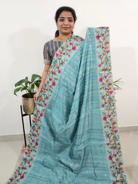 Soft Semi Tussar Weaving Butti with Satin Border - Blue