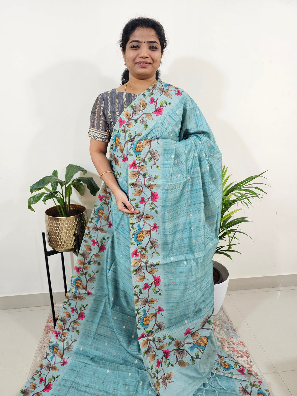Soft Semi Tussar Weaving Butti with Satin Border - Blue