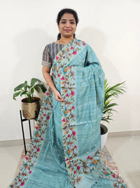 Soft Semi Tussar Weaving Butti with Satin Border - Blue