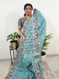 Soft Semi Tussar Weaving Butti with Satin Border - Blue
