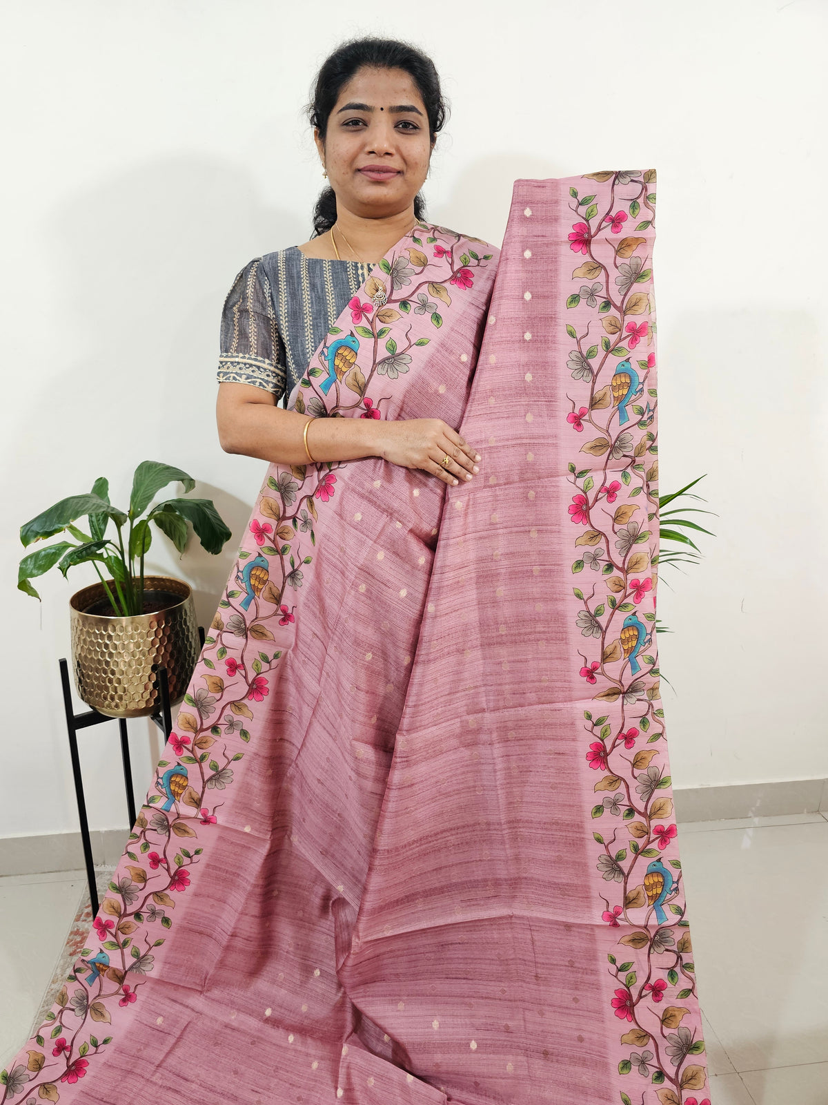 Soft Semi Tussar Weaving Butti with Satin Border - Onion Pink