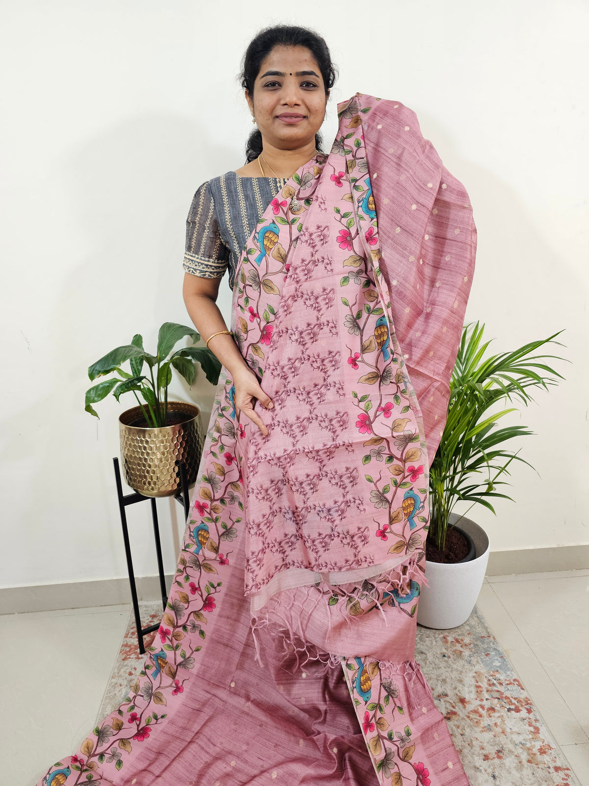 Soft Semi Tussar Weaving Butti with Satin Border - Onion Pink