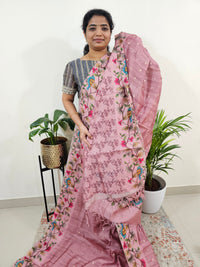 Soft Semi Tussar Weaving Butti with Satin Border - Onion Pink