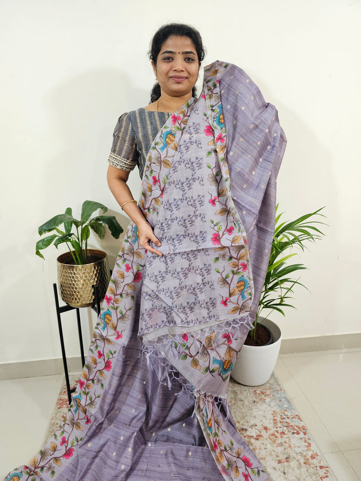 Soft Semi Tussar Weaving Butti with Satin Border - Lavender