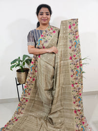 Soft Semi Tussar Weaving Butti with Satin Border - Mehindi Green