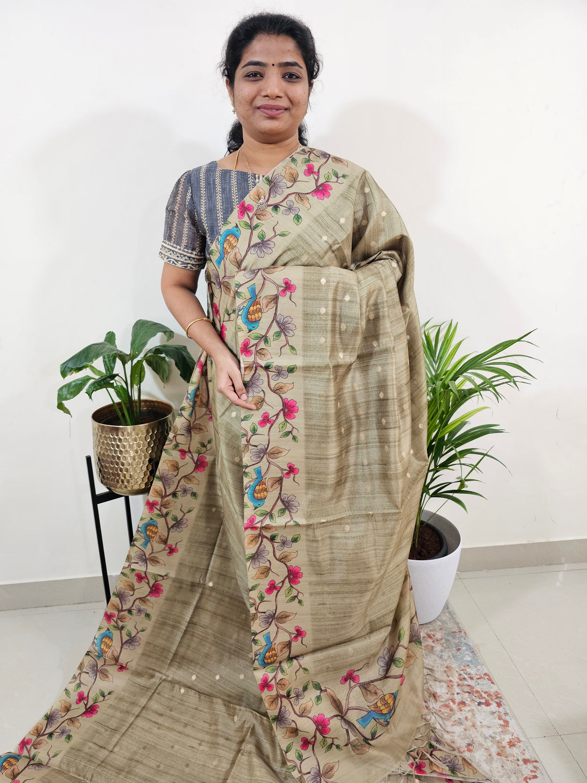 Soft Semi Tussar Weaving Butti with Satin Border - Mehindi Green
