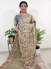 Soft Semi Tussar Weaving Butti with Satin Border - Mehindi Green