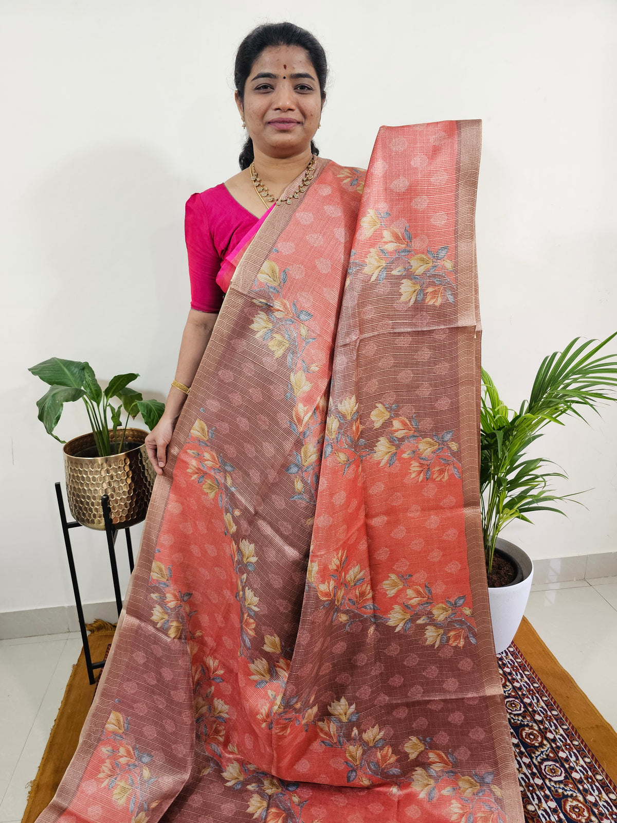 Soft Semi Tussar with Tissue Weaving -  Maroon