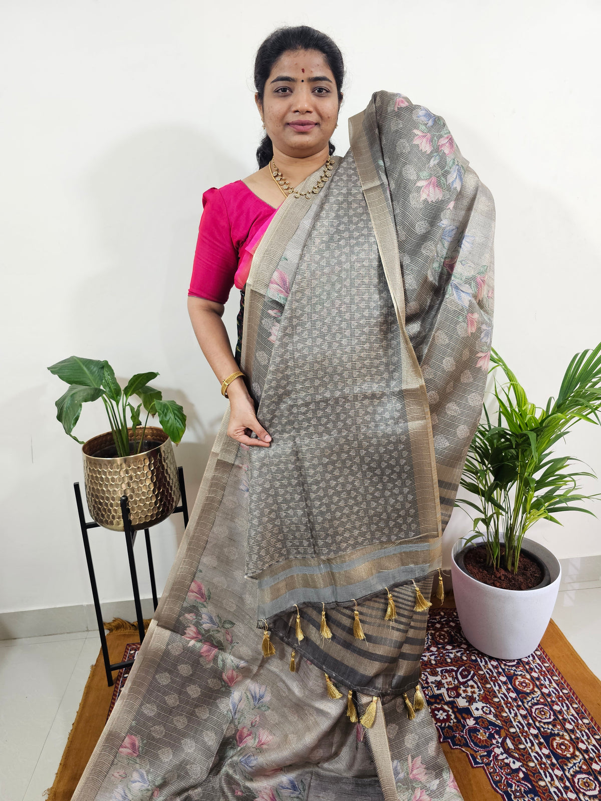 Soft Semi Tussar with Tissue Weaving  - Grey