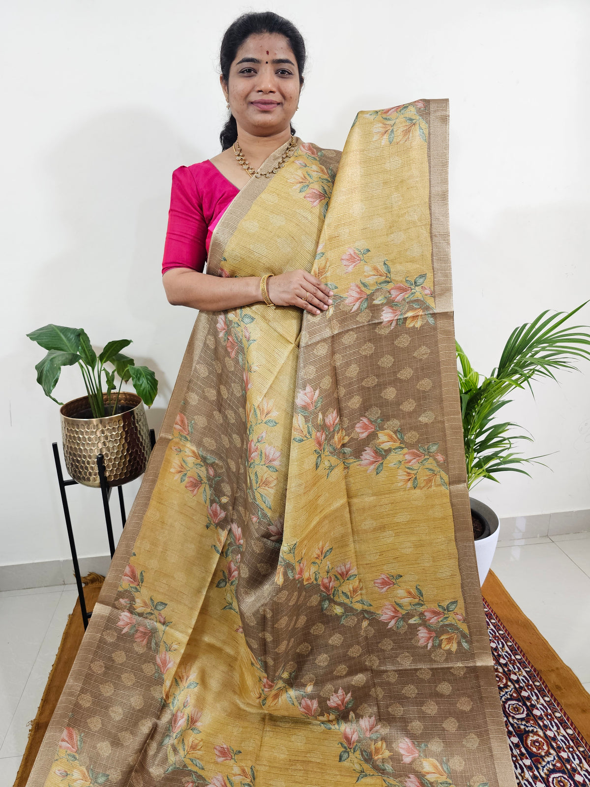 Soft Semi Tussar with Tissue Weaving  - Mustard Yellow