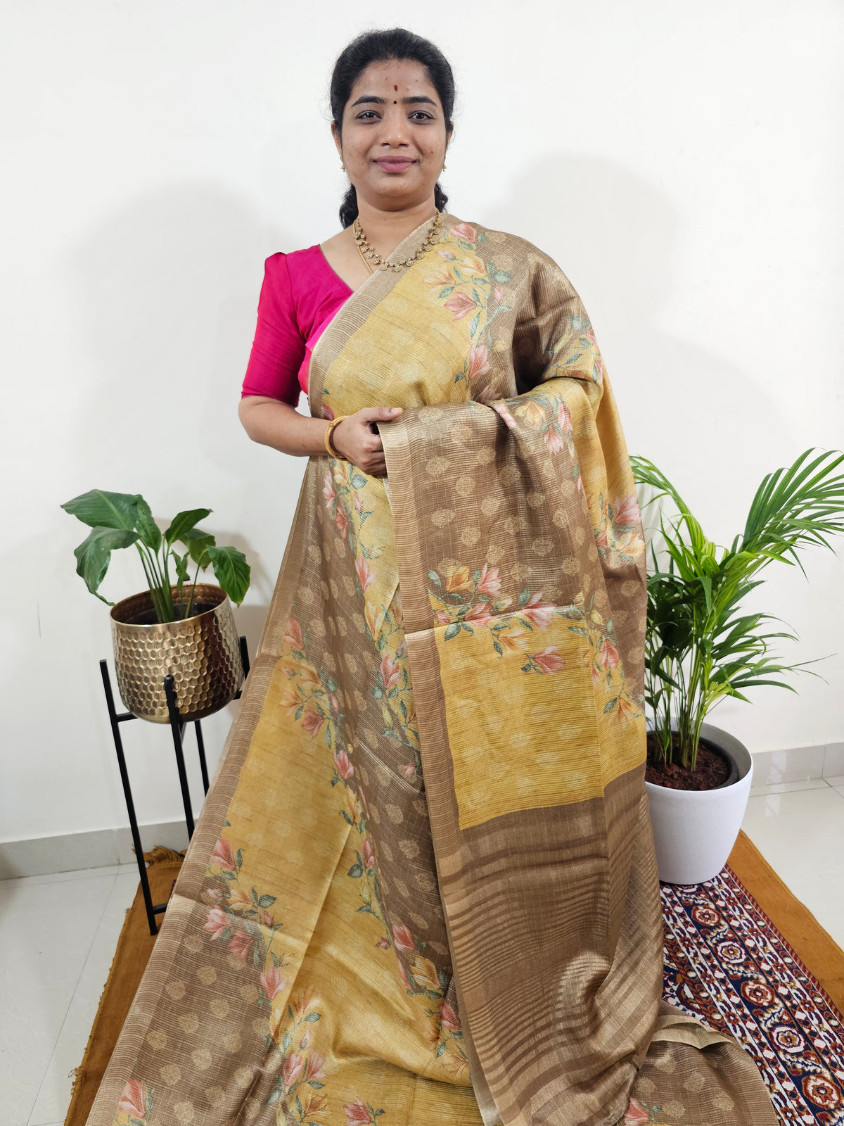 Soft Semi Tussar with Tissue Weaving  - Mustard Yellow